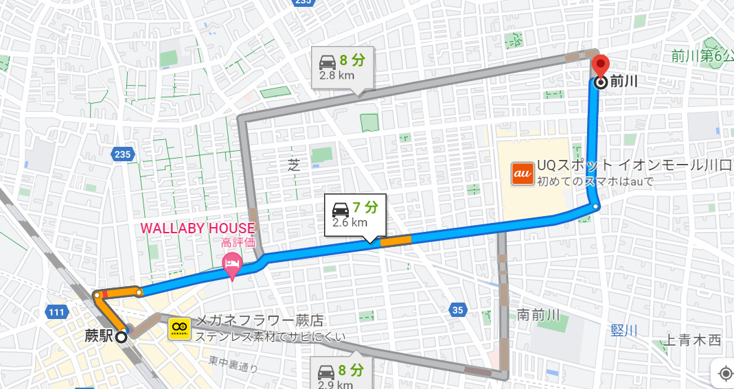 前川から蕨駅までの地図